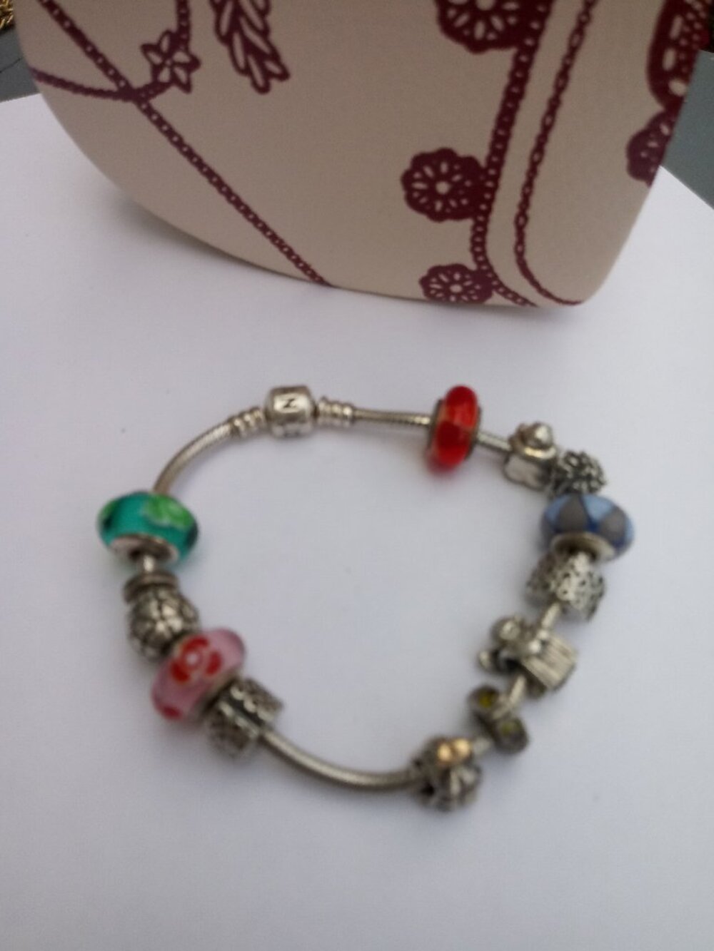Authentic Pandora bracelet with 13 charms beads spacers clips few with gold
